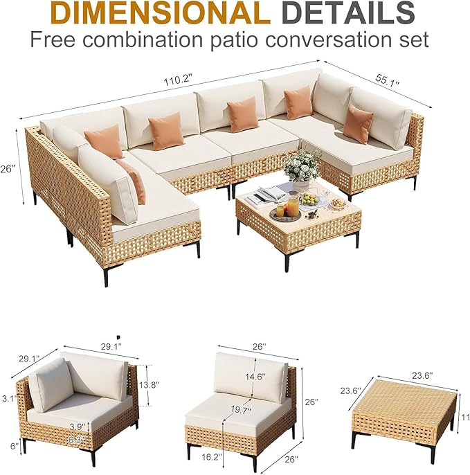 Patio Furniture Set 9 Piece Large Outdoor Sectional Free Combination Outdoor Furniture with Thick Cushion All Weather Wicker Boho Patio Conversation Sets for Porch, Deck