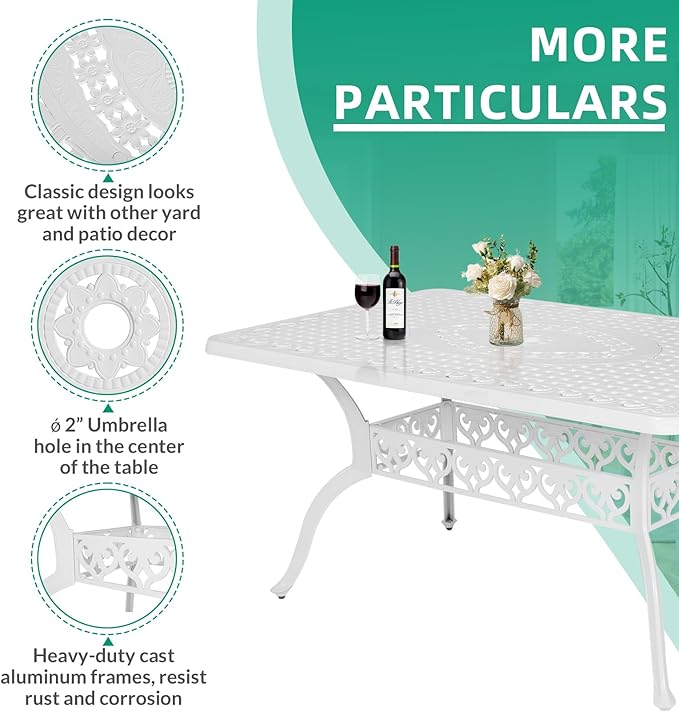 VIVIJASON 7-Piece Outdoor Furniture Dining Set, All-Weather Cast Aluminum Patio Conversation Set, Include 6 Swivel Dining Chairs and a Rectangle Table with Umbrella Hole, White/Green Cushion