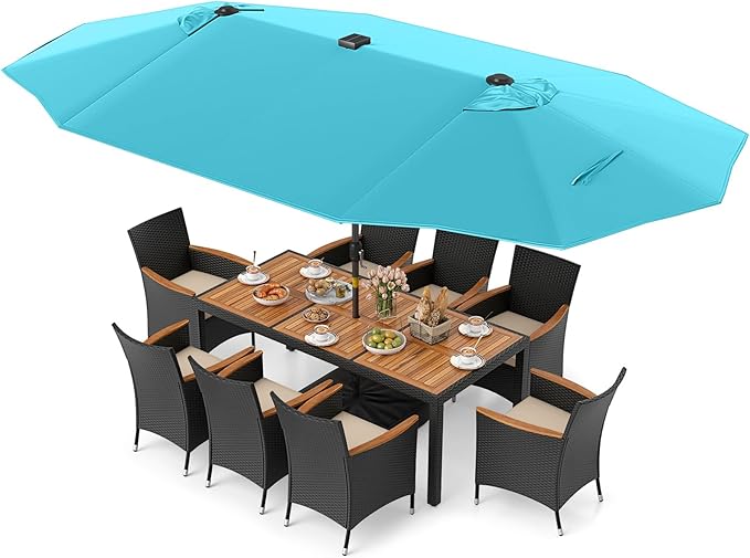 Tangkula 11 Pieces Patio Dining Set with Double-Sided Led Patio Umbrella (Base Included), with 8 Stackable Chairs, Acacia Wood Dining Table and Large Umbrella with Solar Lights (Turquoise + Off White)