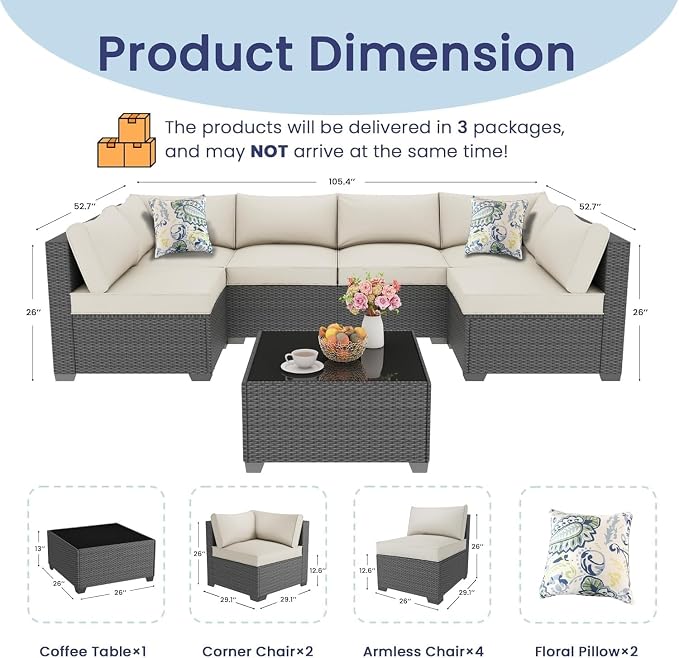7 Piece Outdoor Patio Furniture Set Modular Rattan Wicker Sectional Sofa Couch with Washable Thick Cushions and Coffee Table Modern Outdoor Conversation Set for Backyard Porch(Beige)