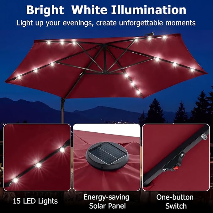 Tangkula 10ft Patio Umbrella with Solar Lights, Offset Cantilever Outdoor Umbrella with LED Lights, 360 Degree Rotation, Air Vent for Pool Deck Garden Backyard (Wine)