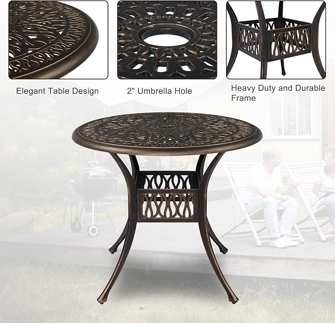 VINGLI 5 Pieces Outdoor Patio Dining Set, Cast Aluminium Patio Furniture Set with 4 Chairs and 1 Umbrella Table for Yard, Garden, Porch and Poolside, Bronze