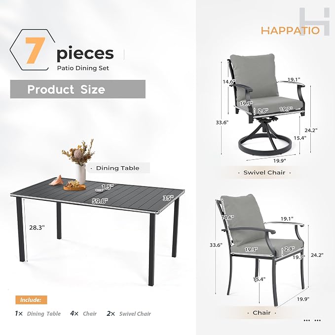 HAPPATIO 7-Piece Patio Dining Set, Outdoor Dining Set with Powder-Coated Metal,Dining Table with Umbrella Hole, 4 Stackable Chairs 2 Swivel Chairs with Removable Cushions for Porch Pool Garden,Grey