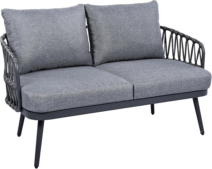 Christopher Knight Home Lena Patio Conversation Set, Two Club Chairs, Rope Woven Loveseat, Metal Frame Armchair, Rectangular Coffee Table, Outdoor Side Table and Chair Set for Backyard, Black+Gray