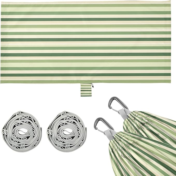 Camping Hammock Outdoor Hammocks for Outside Green Cream Stripe Beach Trees Portable Lightweight with Pockets Tree Straps Indoor