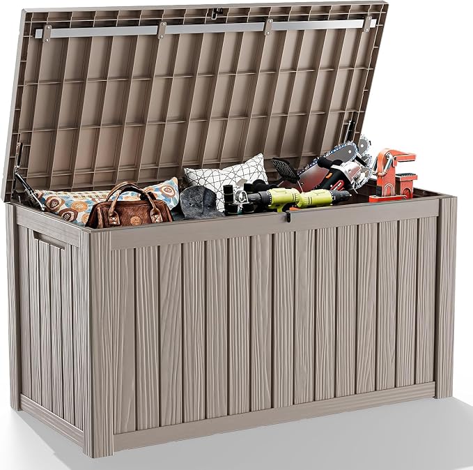 180 Gallon Outdoor Deck Box, Waterproof Lockable Resin Storage Box, Heavy Duty Organizer with Lid for Patio Cushions, Garden Supplies(Grey)