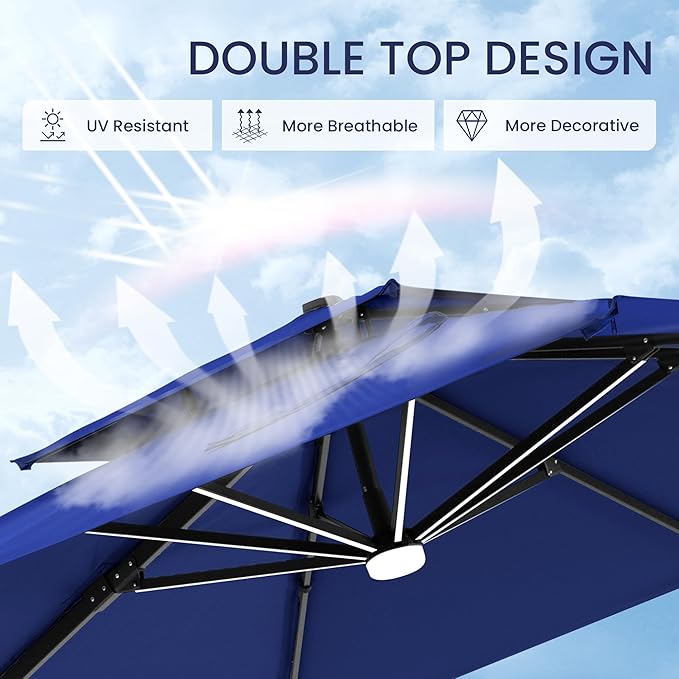 10x10 FT Cantilever Patio Umbrella with Led Lights Double Top Outdoor Square Large Heavy Duty Aluminum Offset Umbrellas with 7 Level Tilt 360-degree Rotation for Pool Garden Deck, Navy