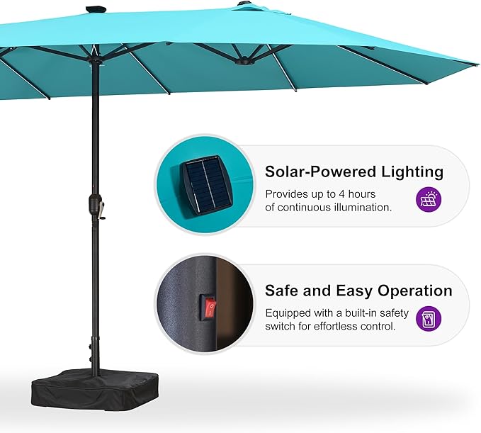 PURPLE LEAF 13ft Patio Market Umbrella with Solar LED and Base Double-Sided Rectangle Outdoor Table Sun Umbrellas with Crank for Pool Beach Deck Backyard Turquoise Blue