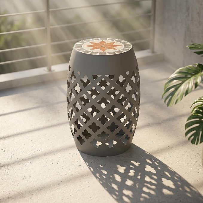 Ceramic Mosaic Outdoor Side Table, 12" Round Garden Stool Hollow Drum Accent End Table, All-Weather Metal Plant Stand Footstool for Patio, Balcony, Living Room, No Assembly
