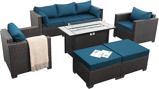Patio Furniture Set 6-Piece Outdoor Furniture Set with 45'' Propane Gas Fire Pit Table Outdoor Conversation Set Wicker Sofa Set Non-Slip Cushions Waterproof Covers, Peacock Blue