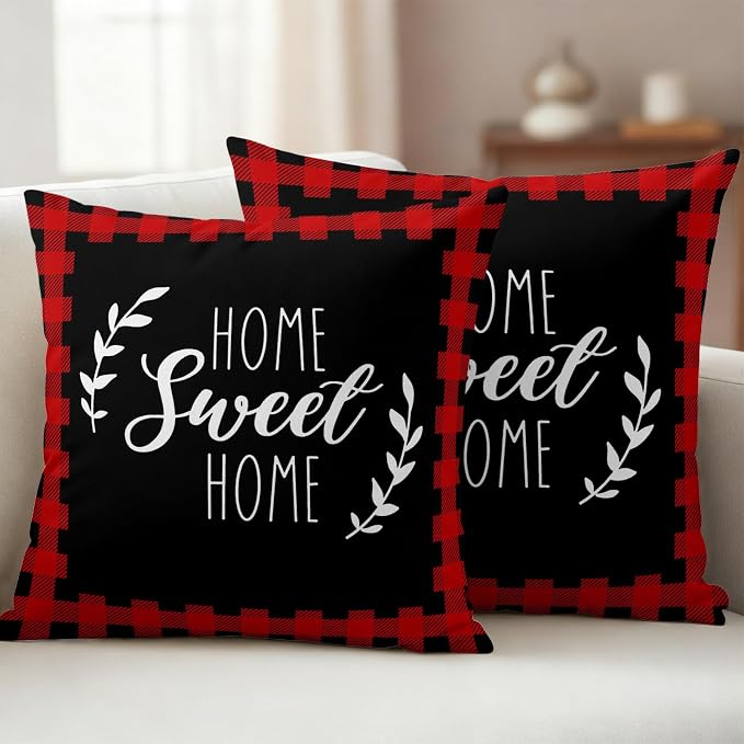 Home Sweet Home Waterproof Outdoor Pillow Covers Set of 2 Home Decor, Leaves Red Buffalo Plaid Pillowcase Patio Pillow Covers for Couch Bench Patio Furniture Garden 26x26in