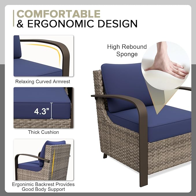 COOS BAY Aurora Terrace 6 Piece Outdoor Sectional Furniture Set, Half Moon Rattan Wicker Conversation Set with Patio Chairs, 4 Seat Sofa & Coffee Table for Patio Garden Yard, Beige/Blue