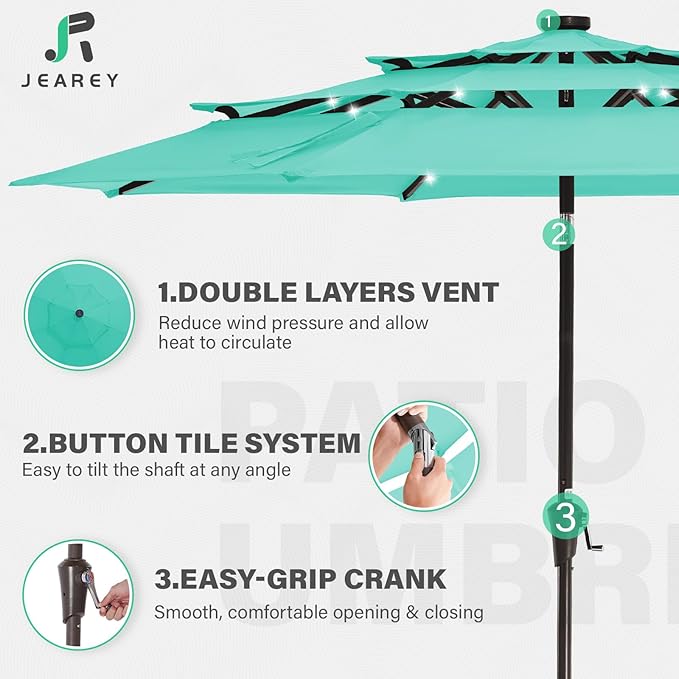JEAREY 3 Tiers Patio Umbrella with Solar Lights 9ft Outdoor Market Table Umbrellas with Push Button Tilt for Outside Pool Garden, Peacock Blue