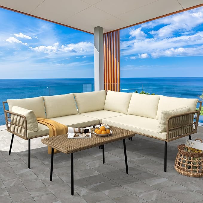 YITAHOME 4 Pieces Patio Furniture Set with 5 Seater Outdoor Sectional with Thickness Cushions and Side Table Boho Patio Conversation Set Outdoor Furniture Set for Backyard Porch Balcony