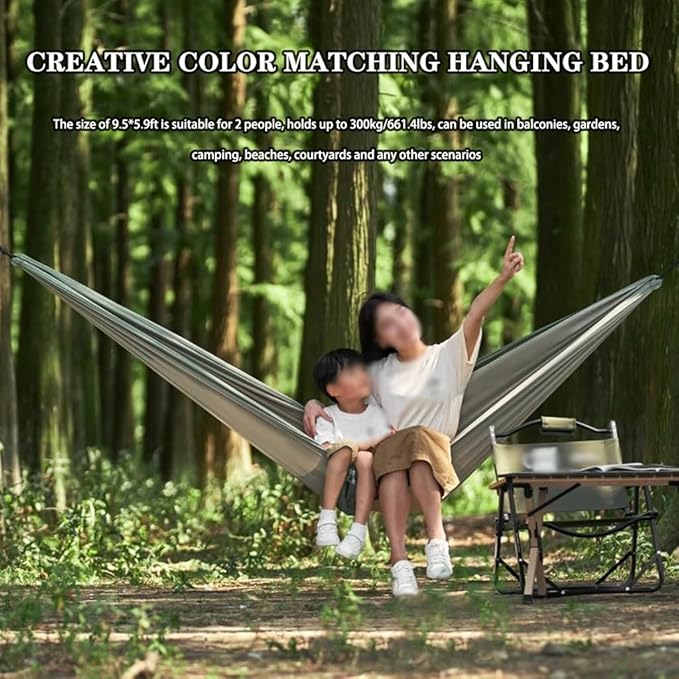 Outdoor Creative Color Matching Double Hammock, Garden Anti-Rollover Hammock Chair, Storage Bag/Carabiner/Rope, Load Bearing 300kg/661.4lbs(Green)