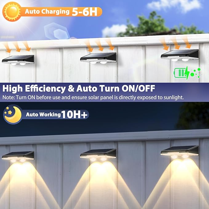 Solar Fence Lights Outdoor 8-Pack, Waterproof Fence Light Solar Powered with 3 Modes (3000K/4500K/6500K) for Outside, Patio, Deck, Stair, Step, Garden, Backyard, Walkway, Pathway, Railing