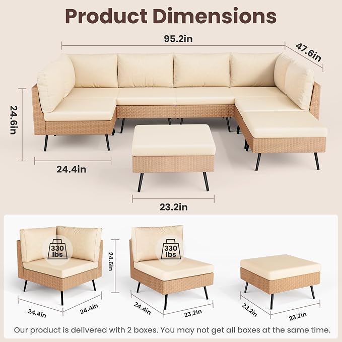 Pamapic 8-Piece Wicker Outdoor Furniture Set, All-Weather Patio Conversation Set with Thick Cushions & 2 Multi-Use Ottomans, Sectional Sofa Patio Furniture Set for Backyard, Porch, Beige