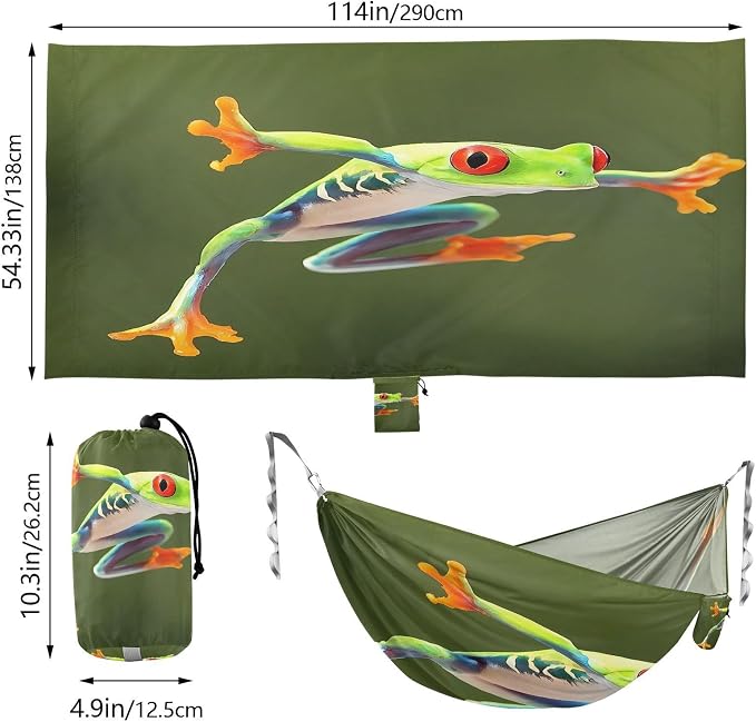 Red Eyed Tree Frog Camping Hammock, Portable Lightweight Single Hammock with Tree Straps and Aluminum Carabiners, 114" x 54" Travel Hammock for Hiking Backpacking Beach