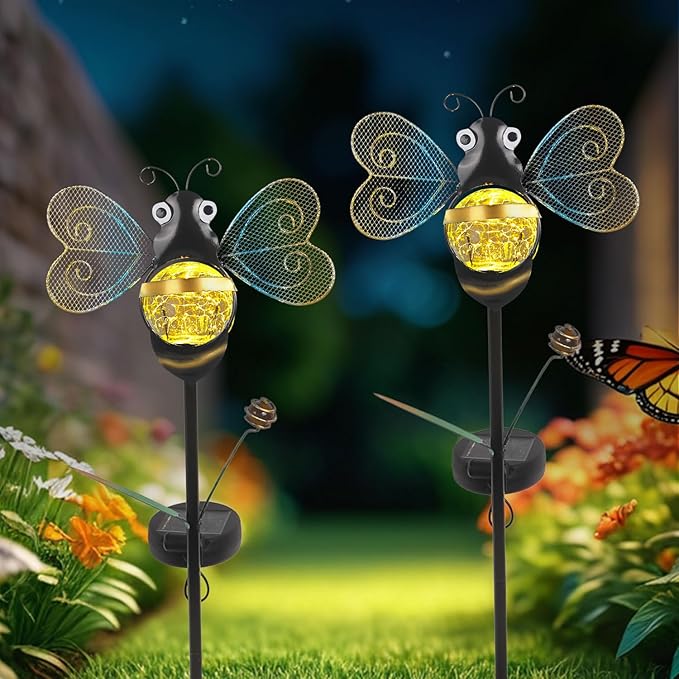 Solar Bee Garden Stakes Lights Outdoor Waterproof 2 Pack Metal Garden Stakes Decorative Bee Decor for Outside Yard Lawn Patio Decorations Whimsical Solar Lights Outdoor Gardening Gifts for Women