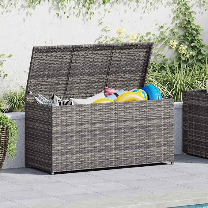 Grey Poly Rattan Deck Box 47x47x24 in Outdoor Storage Chest with Collapsible Frame, UV & Rain-Resistant Patio Garden Ottoman for Cushions, Tools & Toys, Assembly in Two