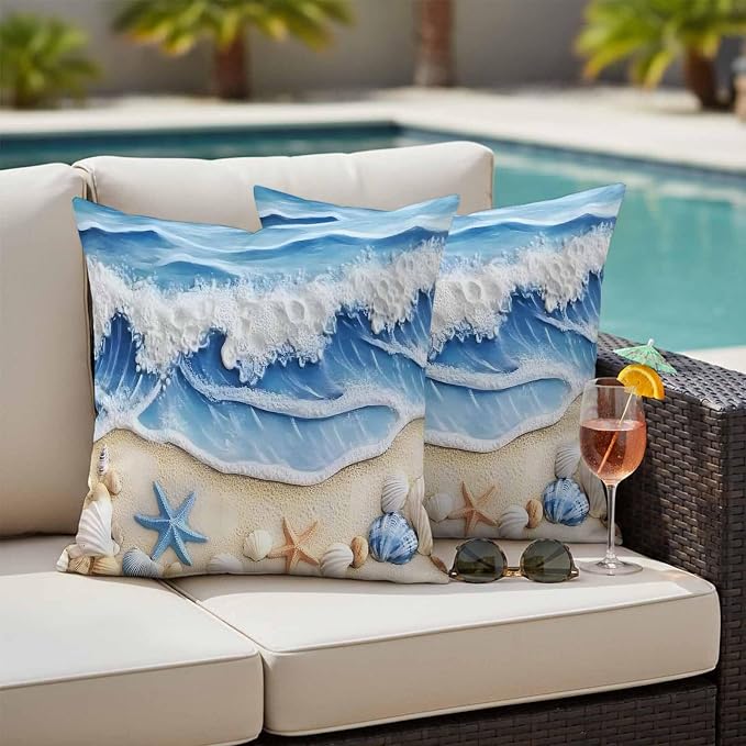 Summer Beach Outdoor Waterproof Throw Pillow Covers Set of 2, 26"x26", Seashell Starfish Nautical Coastal Decorative Pillow Covers Outside Cushion Case for Patio Porch Garden