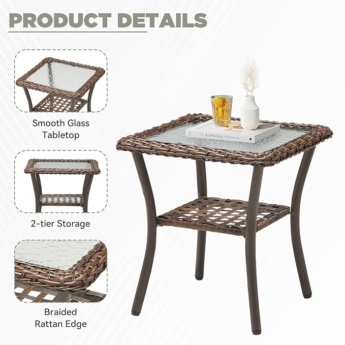 20x20x20 Outdoor Wicker Side Table, All-Weather Brown Rattan Small Patio Square End Table for Pool Balcony Deck Porch
