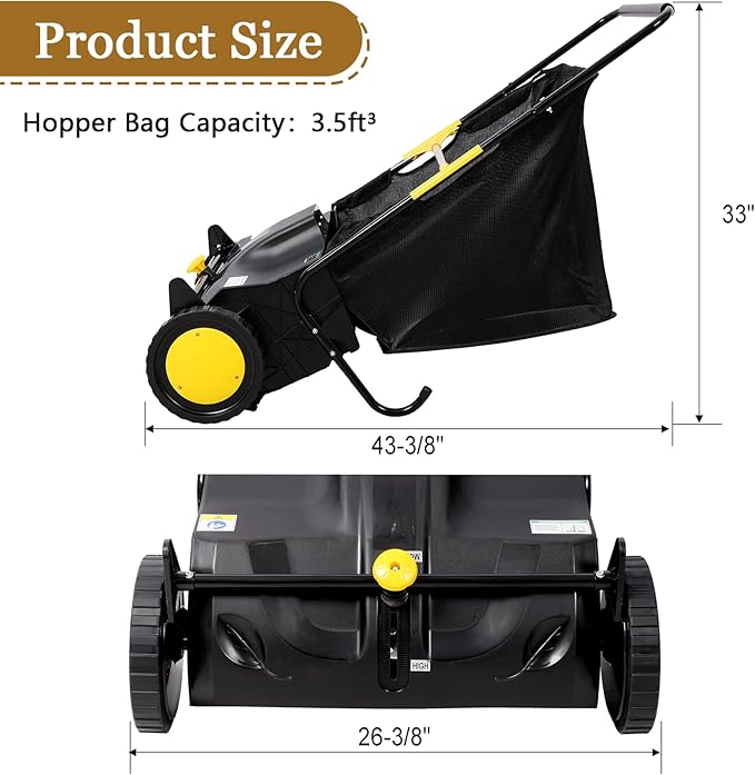 21 Inch Lawn Sweeper Push Hand Powered for Leaves, Grass Clippings & Yard Debris, 4 High-Speed Brushes & Large 7 cu ft Hopper Bag | Adjustable Height, ABS+Steel Frame (21 Inch Black)
