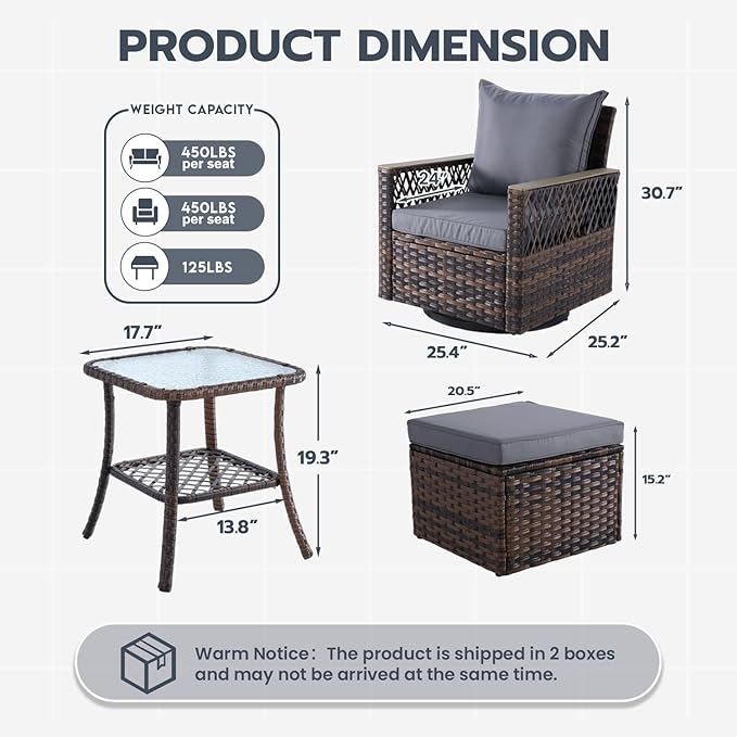 MELLCOM 5 Pieces Patio Furniture Set, Outdoor Swivel Glide Chairs with Ottomans and Side Table, All-Weather Patio Bistro Set with Water-Resistant Cushions and High Back for Garden, Backyard