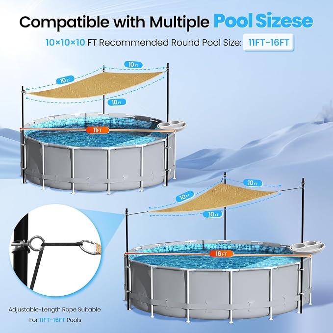 Pool Shade Set for 11-16 Ft Above Ground Pools - UV-Resistant Shade Sail Triangular 10'x10'x10' with Storage Tray, Outdoor Sun Shade Canopy with Poles for Deck, Patio, Garden, Pool Accessories