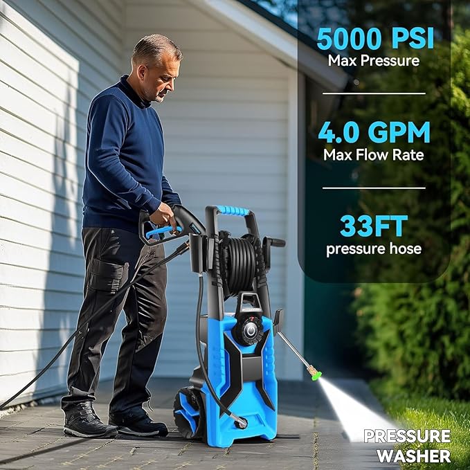 Pressure Washer 5000 PSI Adjustable Pressure, Power Wahser Powered with 33ft Pressure Hose, 4 Nozzles and 500ml Foam Cannon, Powerwahser for Home, Car, Blue