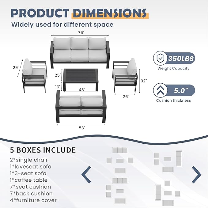 Amopatio Aluminum Patio Furniture Set, 8 Pieces Modern Patio Conversation Sets, Outdoor Sectional Metal Sofa with Coffee Table for Balcony, Garden (Included Waterproof Covers)