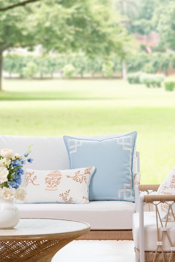 Hofdeco Premium Coastal Patio Indoor Outdoor Lumbar Pillow Cover Only, 12"x20" Water Repellent for Backyard, Couch, Baby Blue Tan Chinoiserie with Piping