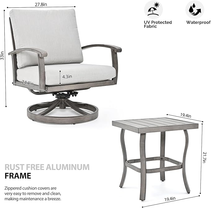 HAPPATIO Aluminum Outdoor Bistro Set - 3 Piece Swivel Rocker Patio Chairs with Thick Cushions and Side Table, Small Patio Furniture Set for Backyard Porch Balcony Front Porch (Gray)