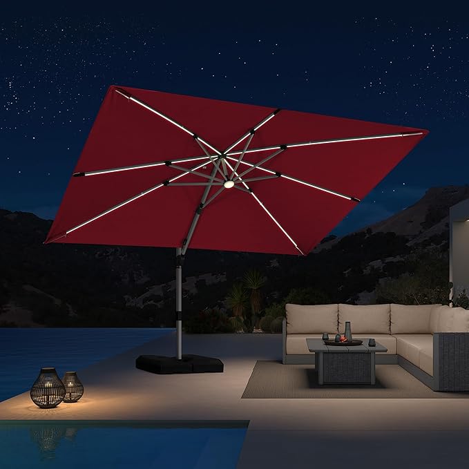PURPLE LEAF Patio Umbrella with base 9' X 12' Outdoor Rectangle Cantilever Umbrella Solar Powered LED with 360-degree Rotation for Garden Deck Pool Patio, Terra