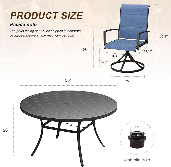 VICLLAX 9 Pieces Outdoor Dining Set, Patio Furniture Set Includes 53" Round Metal Table W/ 1.9" Umbrella Hole and 8 Padded Textilene Swivel Chairs for Porch, Lawn, Garden, Backyard