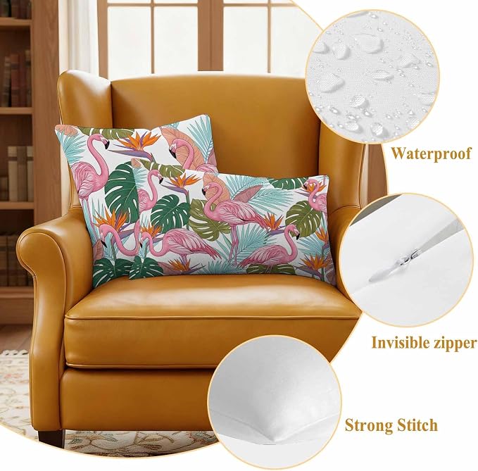 Pink Flamingos Outdoor Pillow Covers 18"x18" Set of 2, Watercolor Monstera Leaf Green Tropical Plant Waterproof Throw Pillow Covers for Patio Furniture, Decorative Cushion Covers for Porch
