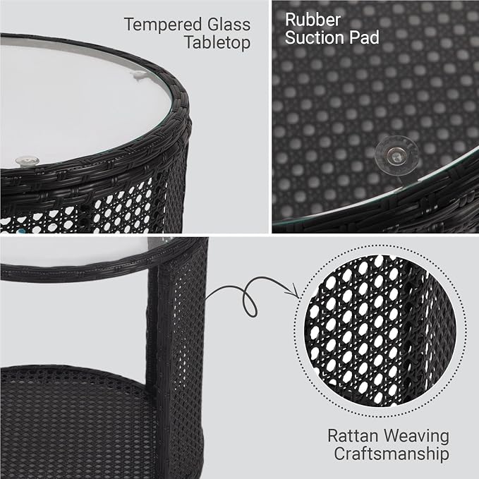 Patio Rattan Side Table - Outdoor Wicker Fashionable Side Table with Large Storage, Round End Table with Glass Table Top for Garden, Backyard, Porch, Deck, Black
