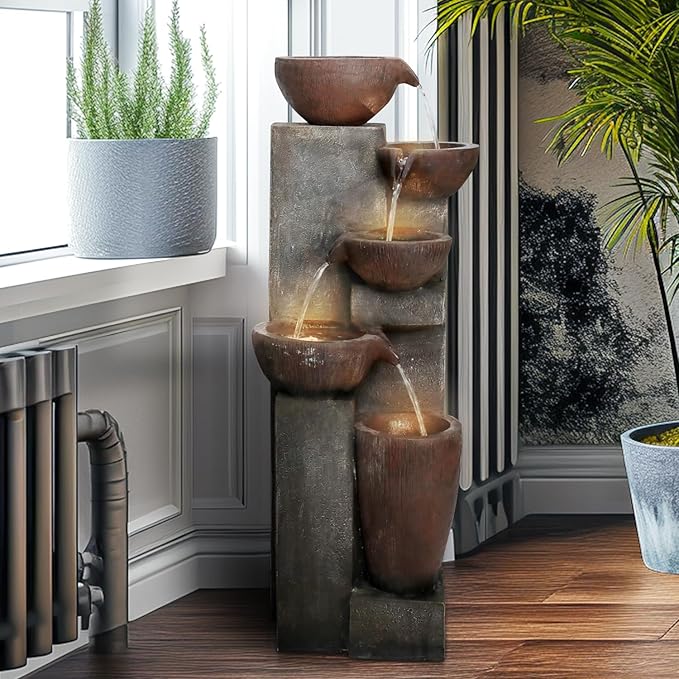 40" Outdoor Water Fountain with LED Lights 5-Tier Polyresin Rock Indoor Modern Floor-Standing Waterfall Fountains for Home Garden, Yard, Patio, Office, Deck Home Art Decor Brown