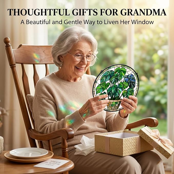 Birthday Gifts for Women - Green Monstera Plant Faux Stained Glass Window Hanging Sun Catcher for Door Garden Acrylic Decor Mother's Day Christmas for Mom Nana Grandma Sisters Wife 6.3"