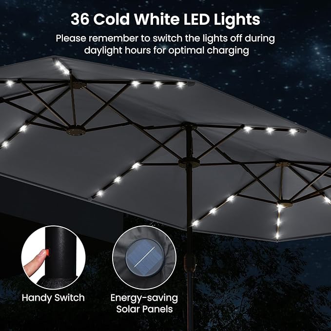 Tangkula 13FT Double-Sided Solar Patio Umbrella, Extra-Large Outdoor Twin Umbrella with 36 LED Lights, Vented Top, Crank Handle, 12 Ribs, Weighted Base Included for Backyard Poolside Deck (Gray)