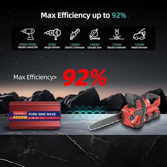 4000W Pure Sine Wave Inverter [8000W Surge], 12V DC to 110V AC Heavy Duty Power Inverter for RV, Truck, Home, Solar, Off-Grid, Outdoor, Car Converter with Dual AC Outlets and LCD Display