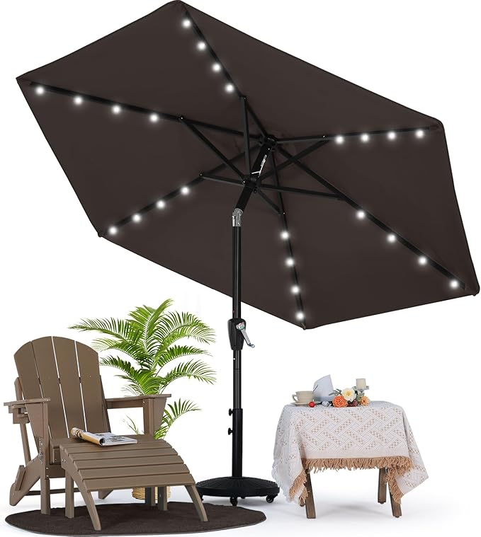 MASTERCANOPY 7.5FT 6Ribs Patio Umbrella with 32 Solar LED Lights, Outdoor Market Umbrella with Tilt & Crank, UV Protection & Fade Resistant Fabric, Easy Set-Up for Garden, Deck, Pool (Brown)