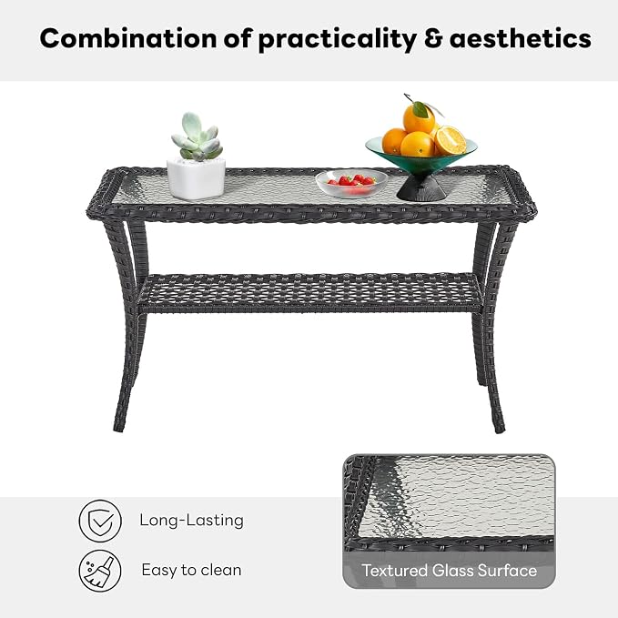 Belord 38 Inch Outdoor Coffee Table with 2 Tier Storage - Wicker Coffee Table with Water Ripple Texture Tempered Glass Top, All Weather Patio Coffee Table for Deck Porch Balcony Garden Black