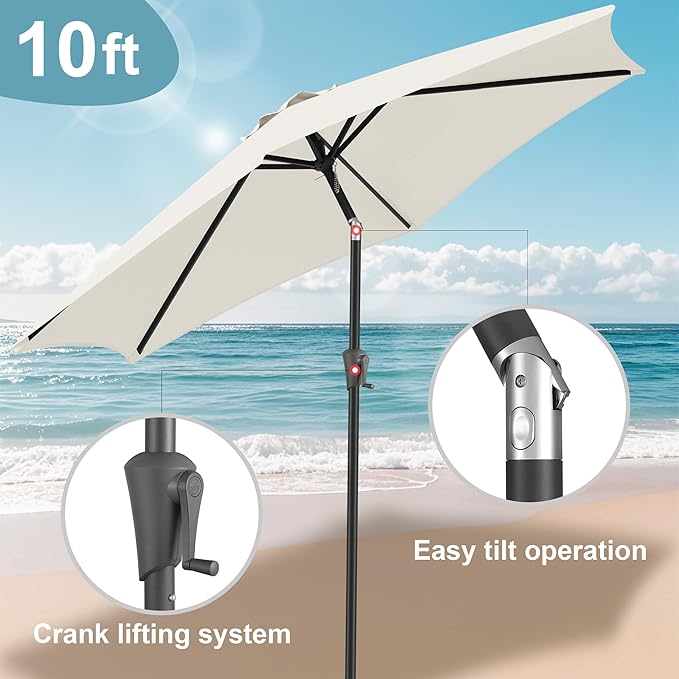 FLAME&SHADE 10ft Patio Umbrella - Outdoor Umbrella with 6 Sturdy Ribs, Push Button Tilt and Crank, UV Protection Table Market Umbrella for Pool, Porch，Garden, Deck, Backyard(Ivory)