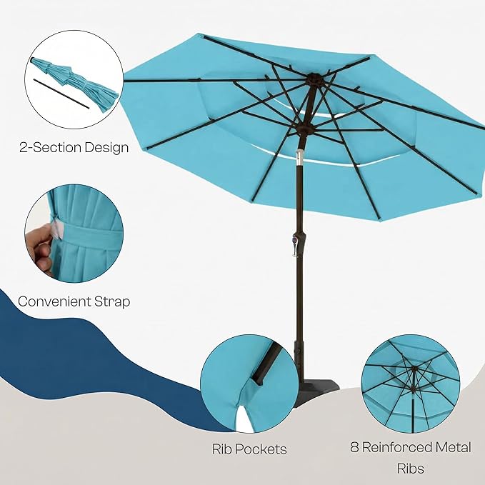 10ft 3 Tier Patio Umbrella, Outdoor Market Table Umbrella with UPF 50+ Vented Canopy, 8 Sturdy Ribs, Easy Push Button Tilt and Crank, Windproof for Deck, Pool, Backyard and Garden