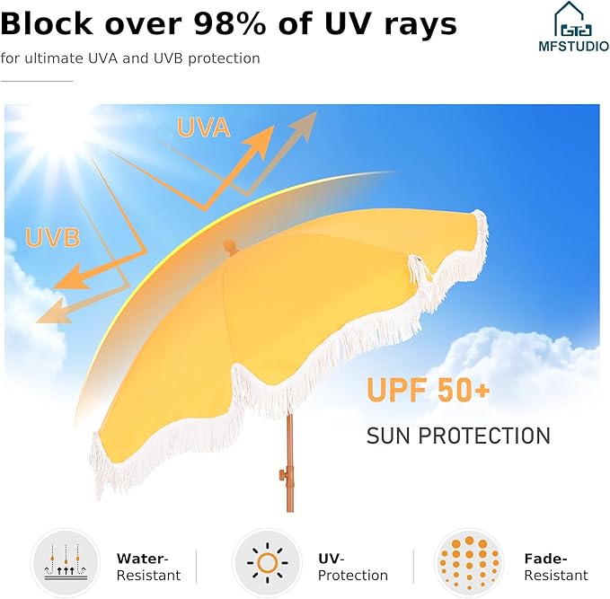 MFSTUDIO 7ft Beach Umbrella with Fringe, Tassel Umbrellas UPF50+ with Tilt Button & Crank, Holiday Outdoor Umbrella with Carry Bag, Ideal for Garden Lawn Poolside, Gold Yellow
