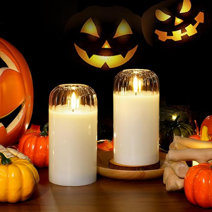 Homemory Glass Flameless Candles, Battery Operated Plliar Candles Realistic Flickering, LED Electric Light with Remote and Timer for Home, Christmas Decoration, White, Set of 2