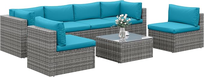 Wisteria Lane 7 Pieces Outdoor Patio Furniture Set, Wicker Outdoor Patio Sectional Sofas with Coffee Table, All-Weather Patio Conversation Set for Backyard Garden, Light Blue