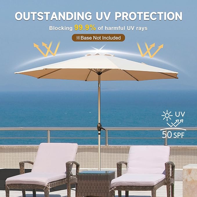 Domi 10FT Patio Umbrella Outdoor Market Umbrella with Silver Aluminum Pole, UV Resistant Canopy, Wind Vent, Tilt & Crank System, Perfect for Patio, Garden, Deck, Pool, Outdoor Dining, Beige
