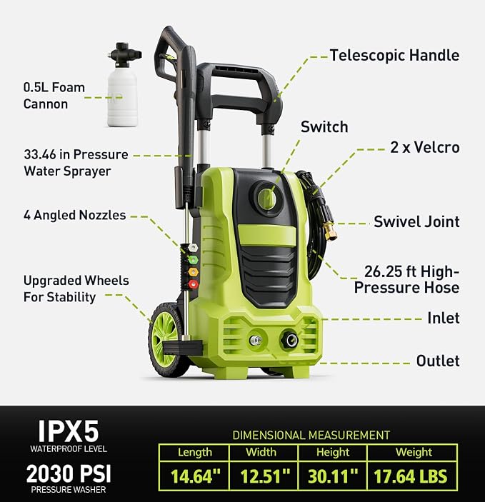 Electric Pressure Washer, 26 FT Hose Pressure Cleaner 2030 PSI with 4 Nozzles Tips,Surface Cleaning with Upgraded Swivel Joint for Car,Fences,Patios,Daily Needed Mint Green